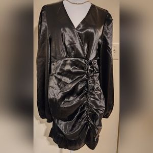 Satin-Like Bodycon V-Neck Ruffle Dress with Surplice Top and Ruching Size L